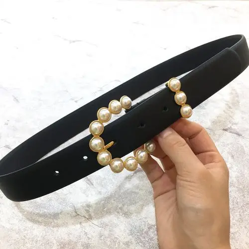 women fashion brand designer pearls buckle real leather belt female jeans dress overcoats belts 3.0cm width jc3403 - Цвет: Черный