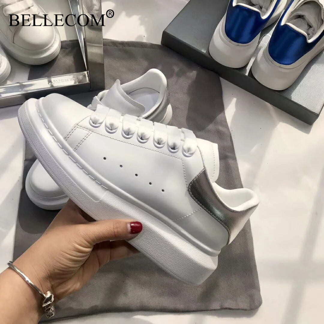 Bellecom/Новинка года; женская обувь; мужская кожаная обувь на плоской подошве; маленькие белые туфли; Повседневная обувь McQueen; Размеры 35-45