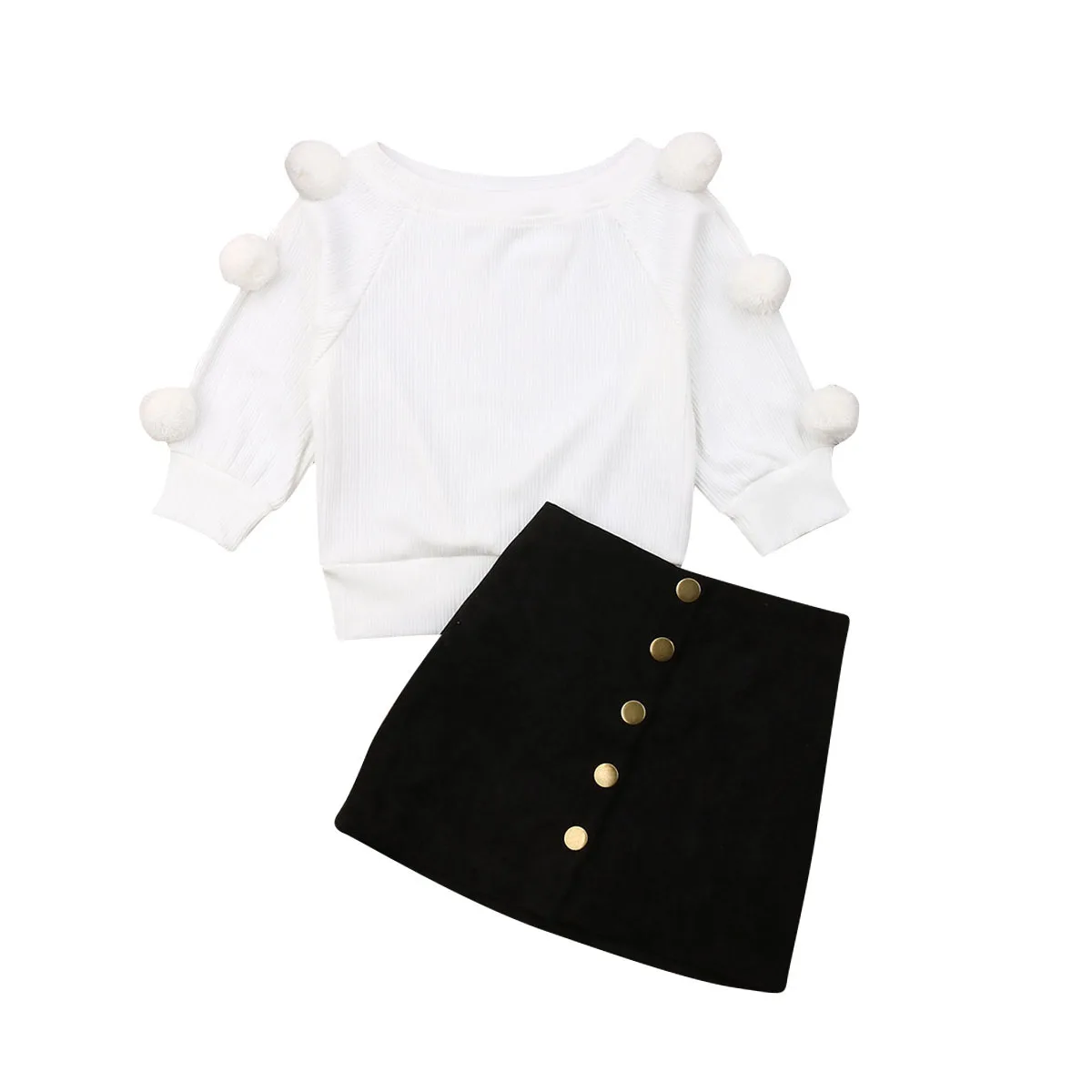 

1-6Y Autumn Toddler Baby Kids Girls Clothes Sets Long Sleeve Hairball Knit Tops Sweater+Button Mini Skirt Warm Outfits Sets