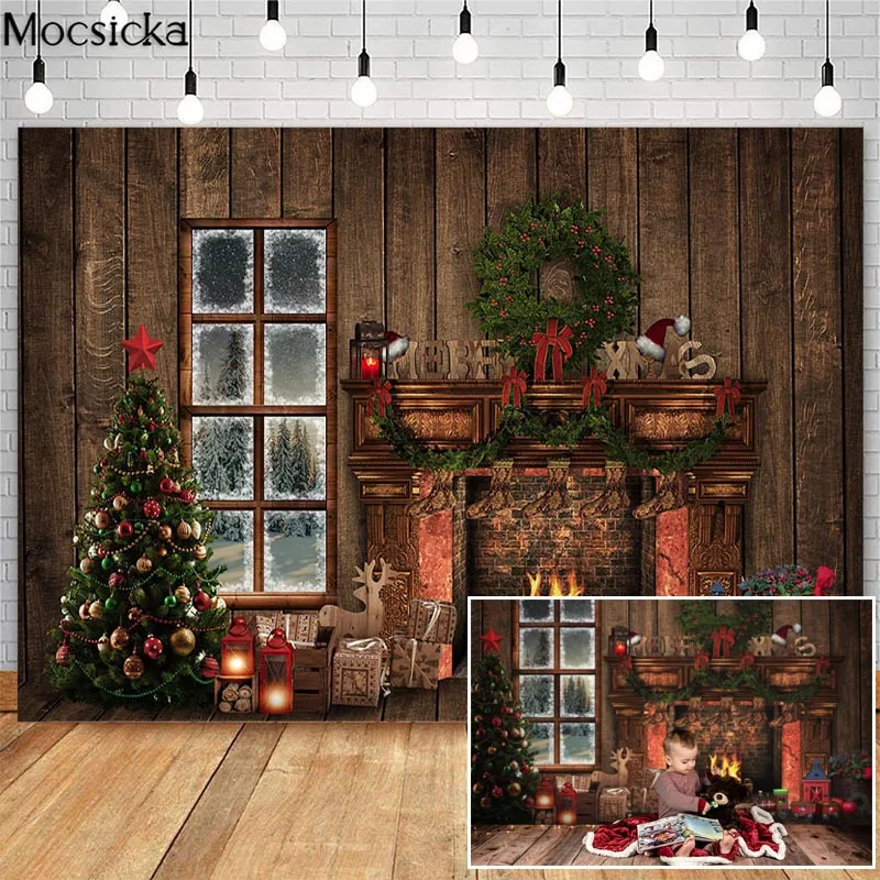 

Mocsicka Christmas Window Snow Photography Backdrops Fireplace Toy Gift Decorations Photographic Studio Photo Backgrounds Props