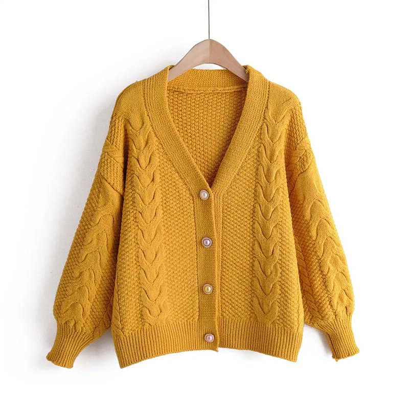 

L283 Korean Chic Pearl Buttons Braid Print V Neck Big Weave Twist Braid Pattern Cardigan Winter Sweater