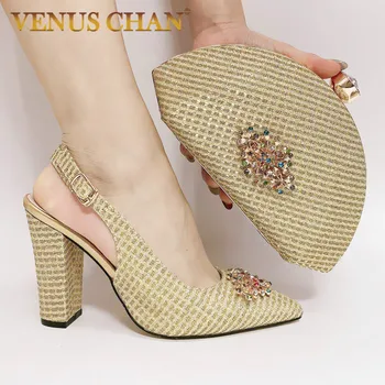 

Luxury Rhinestone Wedding Gift Wedge Shoes and Bag Set Italian Italy Matching Party Dress High Heels with Purse to Match