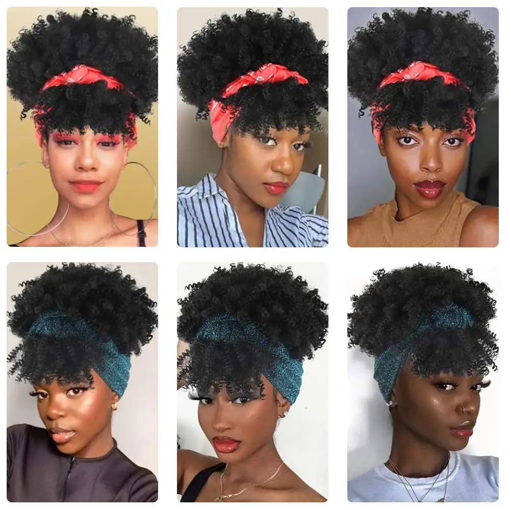 encaracolado peruca com franja afro puff perucas