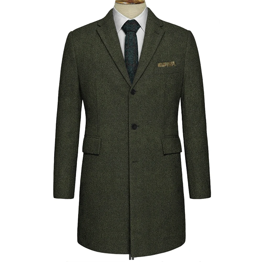 Warm Tweed Long Coat Dark Green Herringbone Custom Made 2020 Tweed Medium Long Jacket Mid-Length Coats Mid Length Winter Coat