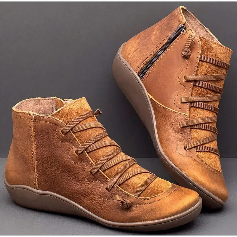 Winter Boots Ankle Boots Women Winter Boots PU Leather Ankle Boots Spring Flat Shoes Female Casual Short Fashion Retro Lace-up Zapatos Mujer