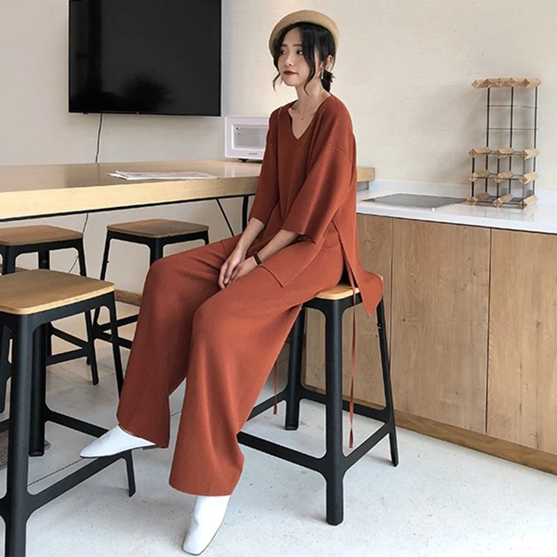 Aseven knitted suits female easing of autumn new fund split wide-legged pants twinset sweater big yards