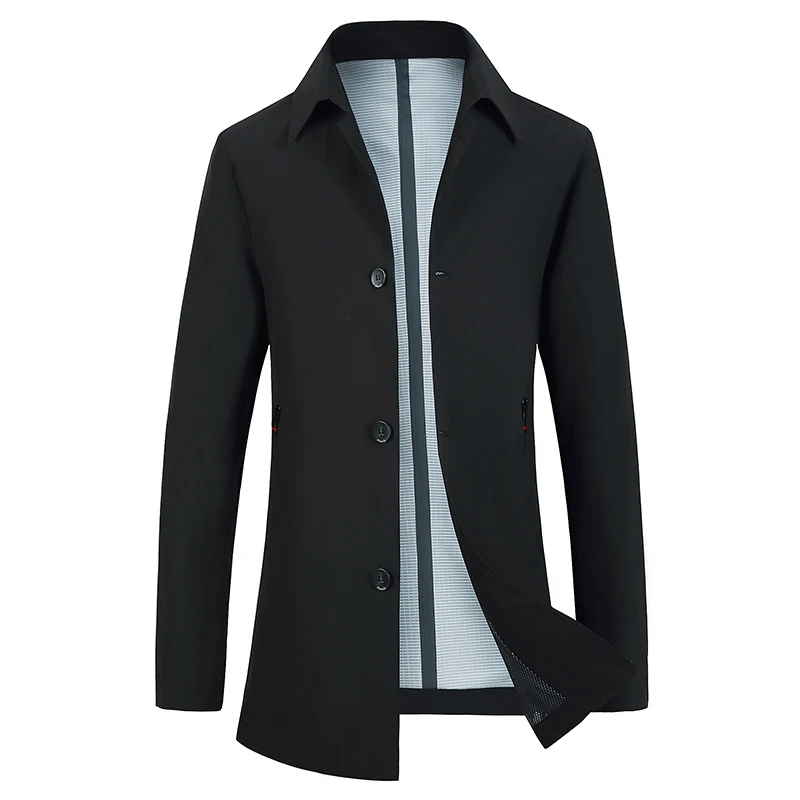 Reviews Coat Men Casual Autumn Spring Trench Coat Solid Men's Windbreaker Turn-down Collar Jacket Black Navy Blue Gray Long Jacket Men
