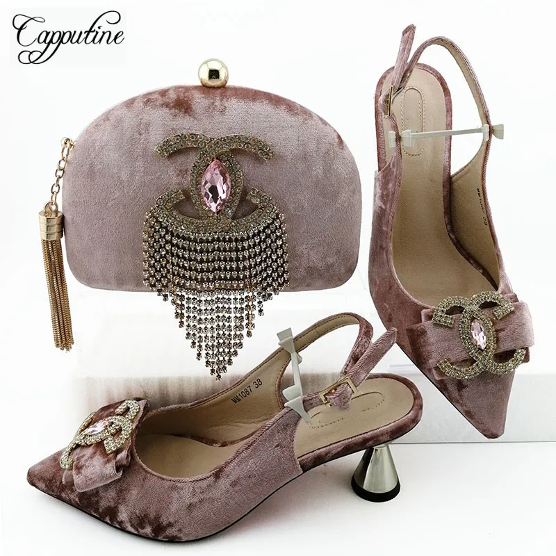 

Elegant pink evening party pointed toe sandal shoes and purse handbag sets with rhinestones MM1087 heel height 7cm