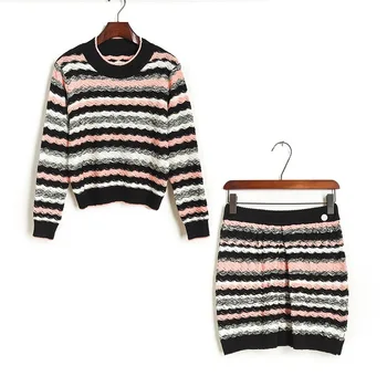 

2020 Graceful New Style Knitted with Contrast Color Stripes Sweater + Skirt Set Women's
