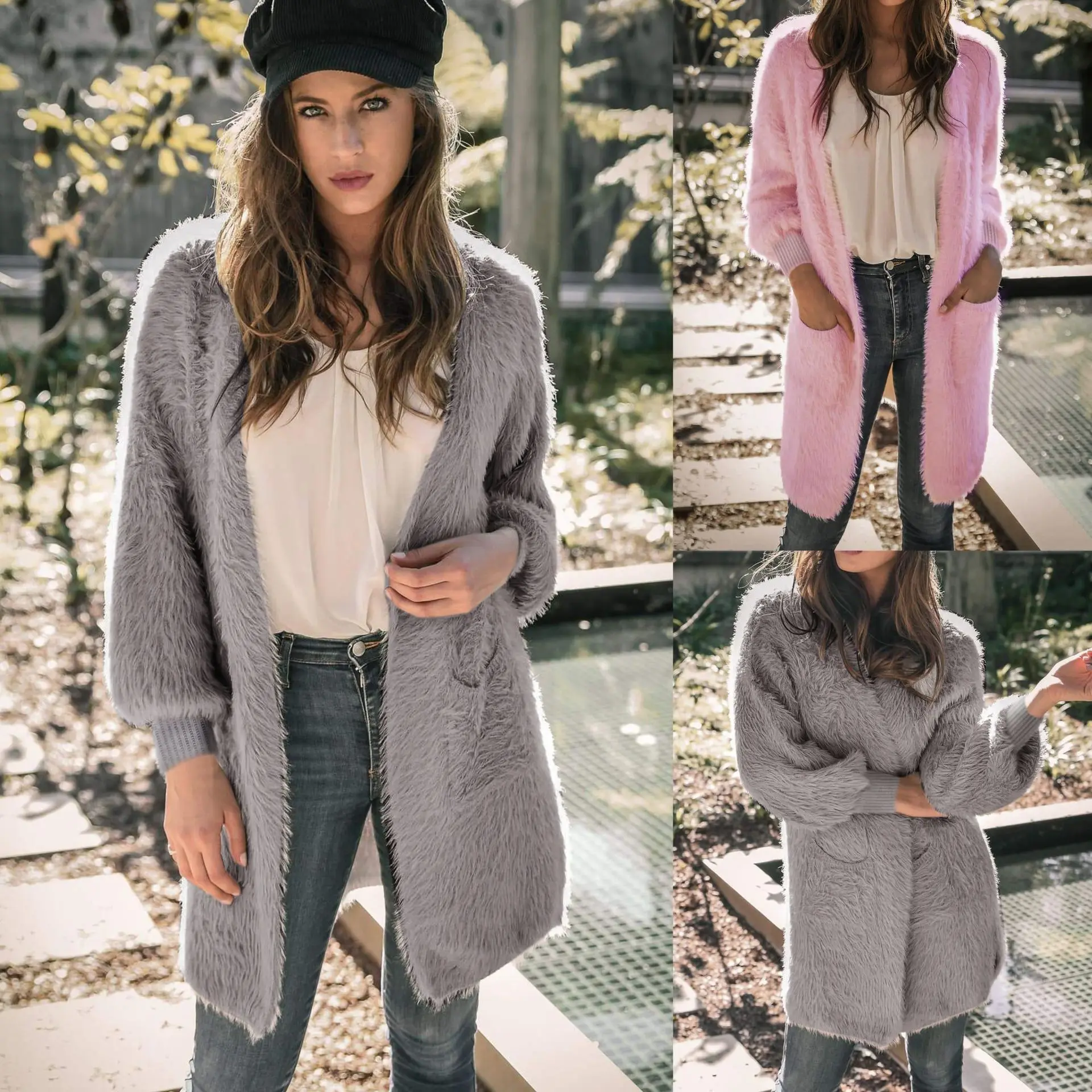Повседневные серые розовые длинные куртки с открытой строчкой осеннее пальто