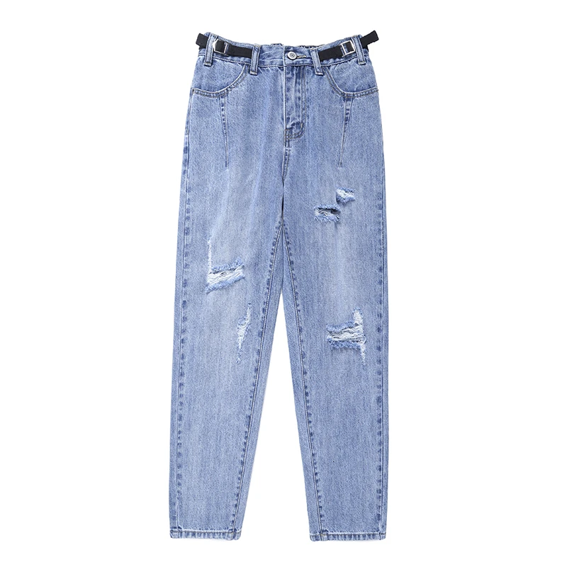 Light blue Корейская версия отверстие повседневные девять очков Джинсы женские свободные модные осенне-зимние шаровары с эластичной талией L XL - Цвет: Light blue