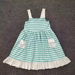 Verão meninas roupas verde listrado sem mangas branco estilingue preto dot print bolso vestidos da menina