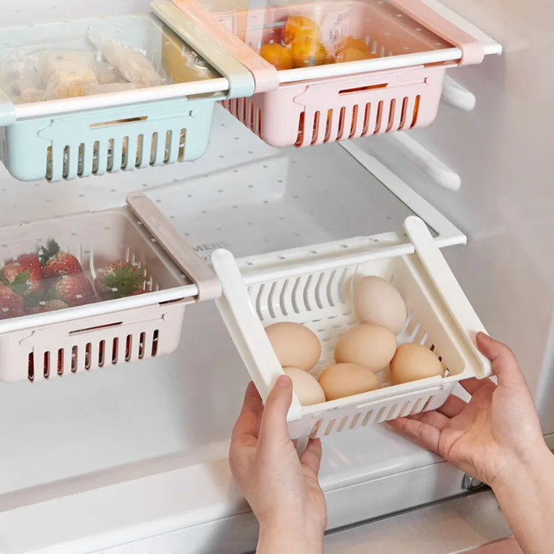 

Kitchen Organizer Adjustable Kitchen Refrigerator Storage Rack Fridge Freezer Shelf Holder Pull-out Drawer Organiser Space Saver