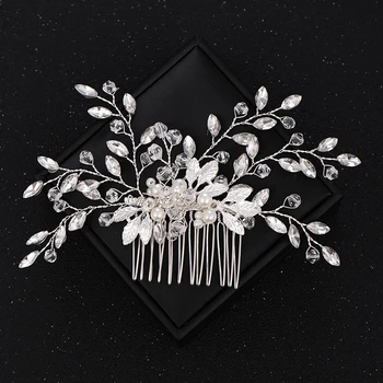 

Silver Color Crystal Hair Comb Bride Tiara Wedding Hair Accessories Hair Comb Handmade Leaf Pearl Women Hairpins Hair Jewelry