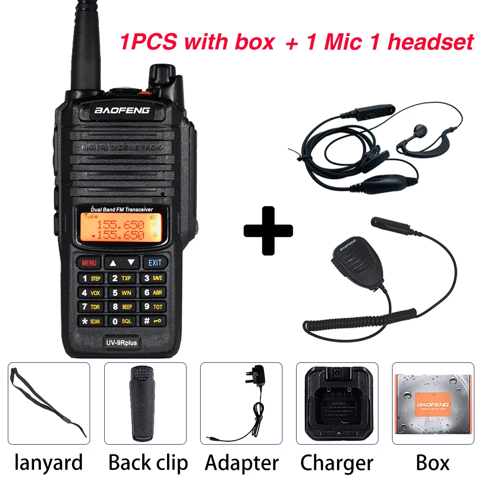 10 Вт Baofeng UV-9R Plus Walkie Talkie IP67 водонепроницаемый двухдиапазонный двухстороннее радио 10 км 9R плюс портативный CB Ham радиоприемники КВ трансивер - Цвет: Add 1 MIC 1Headset