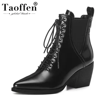

FITWEE Lady Chunky Heels Ankle Boots Real Leather Winter Pointed Toe Office Brand Cross Strap Short Boots Footwear Size 33-42