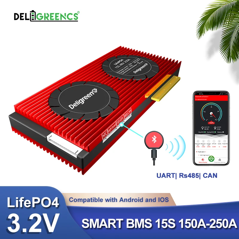 Deligreencs Smart BMS 15S 48V 150A 200A 250A lifepo4 с высоким током Bluetooth 485 к USB устройству CAN NTC