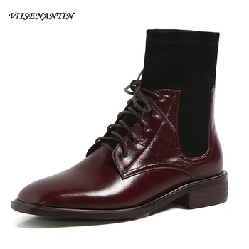 

Retro British Autumn Winter Square Toe Flat Lace-up Stretch Socks Ankle Boots Genuine Leather Platform Thick Heel Shoes Women