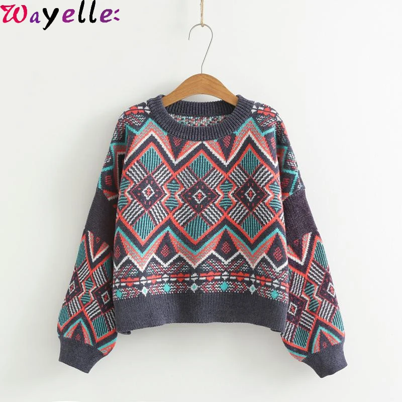 

Christmas Sweater 2019 Autumn Winter Women Pullovers and Jumper O-neck Short Vintage European Fashion Geomertric Knitted Sweater