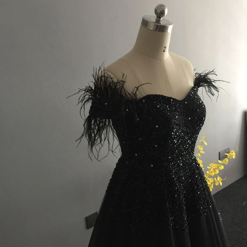 Новое поступление, черное мусульманское вечернее платье трапециевидной формы, вечернее платье с перьями и бисером, вечерние платья Abendkleider, длинное платье