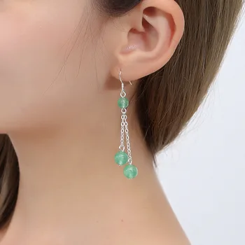 

Women's S925 Sliver Dangler Natural DONGLING Jade Earrings Green Ball Beads Eardrop Earrings Gift for Female Fine Jade Jewelry