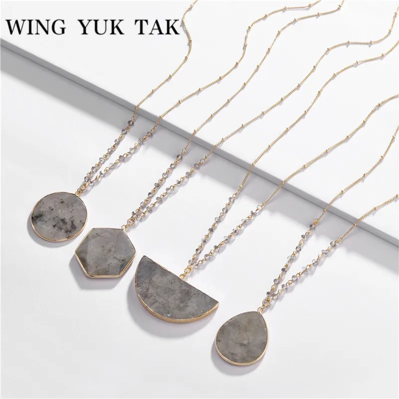 

wing yuk tak Long Chain Natural Stone Necklace For Women Fashion Vintage Geometric Punk Statement Pendant Necklace