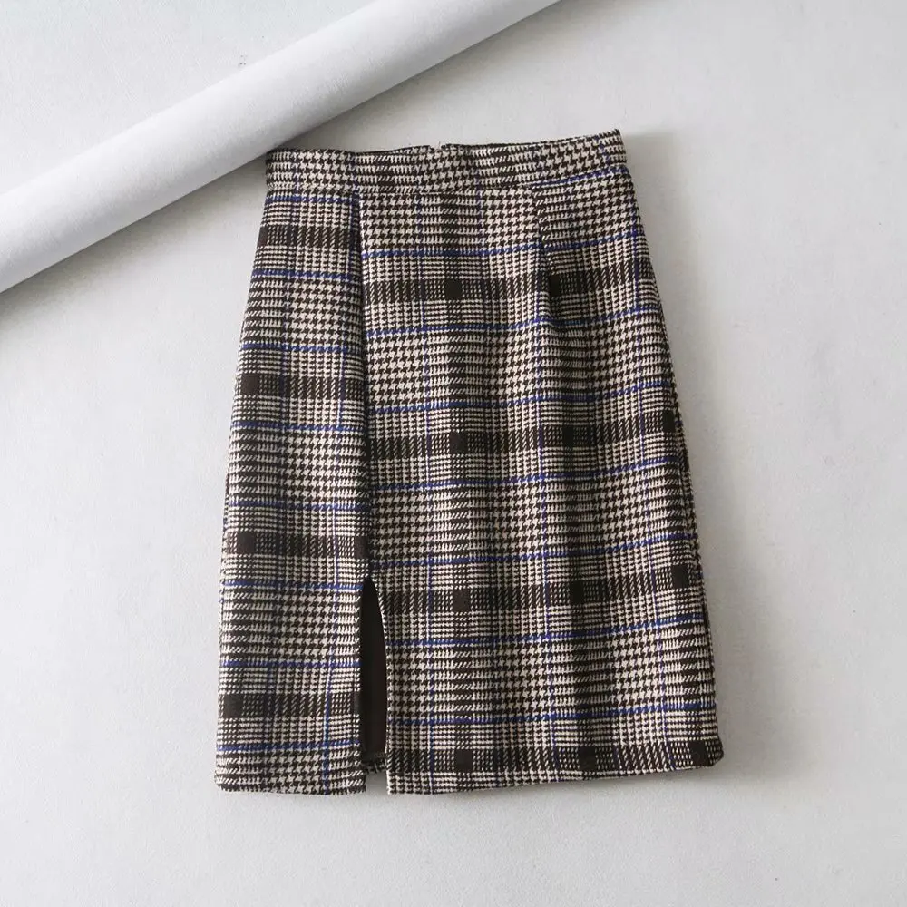 

N0245-yf7230 nv zhuang qun Autumn 2018 Monochrome Hong Kong Flavor Woolen Plaid Graceful Slit Half-length Midi-skirt