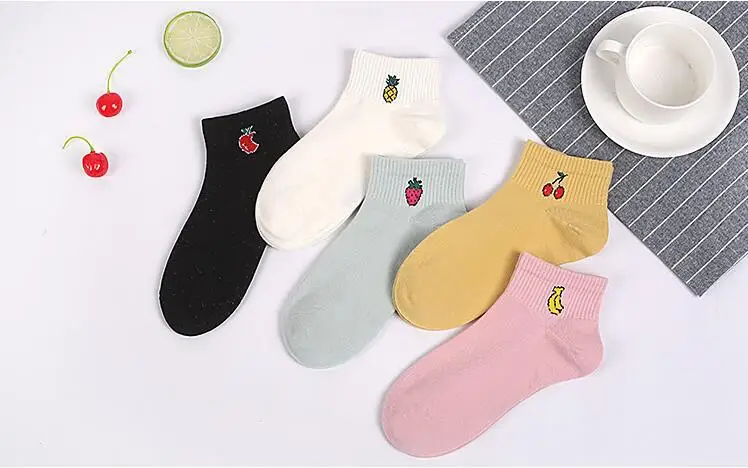 New Cartoon Fruit Cute Socks Women Cotton Socks Japanese Ankle Short Socks Embroidery 5 pairs lot