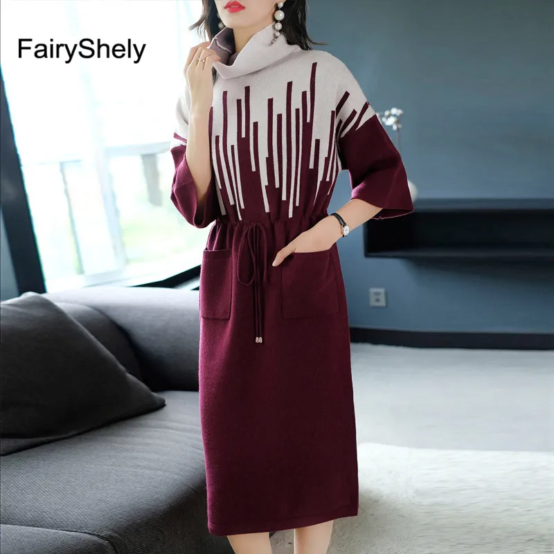

Fairyshely 2019 Autumn Winter High Collar Half Sleeved Knit Pullover Sweater Women Turtleneck Long Sleeved Knee Dress Pullover