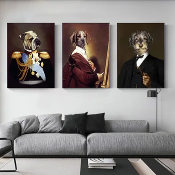 

Cute Cartoon Gentleman Dog Oil Painting Printed on Canvas Animal Posters and Prints Wall Art Picture for Kids Room Decoration