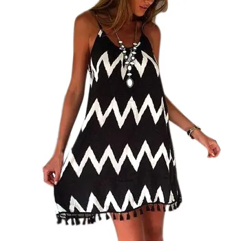 

Ladies Sling Dress Black White Chiffon Backless Mid Dress with Tassel Hem HSJ88