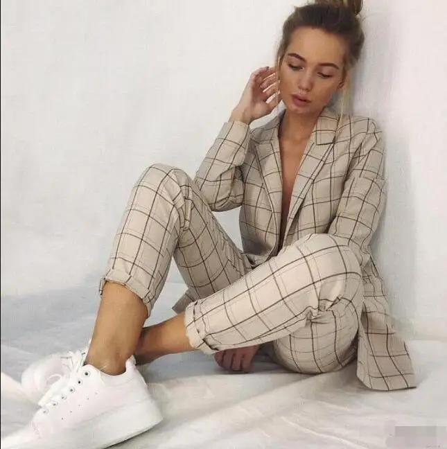 

Double typesetting Long sleeve Plaid Cool Notched Woman fashion Suits Formal Pants suits Jacket and Trouser blue yellow black