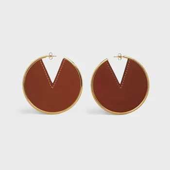 

2020 New French Tan leather and gold embellished brass hoop earrings
