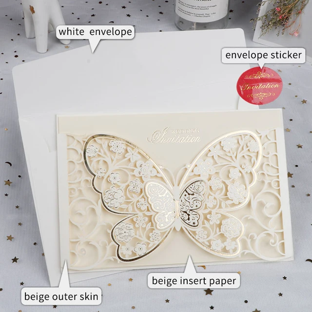 50pcs Butterfly Elegant Laser Cut Wedding Invitation Card Business Greeting Card Customized Wedding Decoration Party Supplies 50sets White Cards