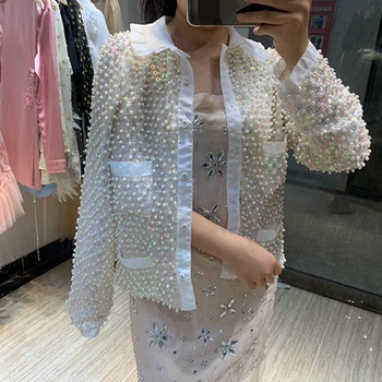 

2020 fall woman long sleeve beading coats high quality