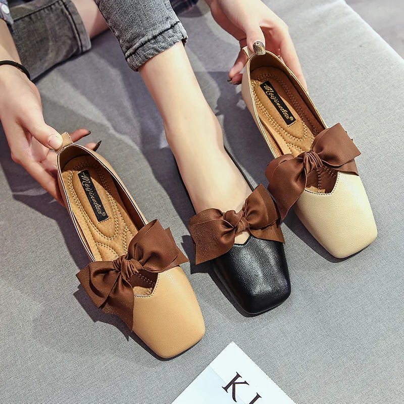 

Flats Women Simple Elegant Korean Style Flat with Retro Bow Square Toe Soft Bottom Womens Leisure All-match High Quality Shoes