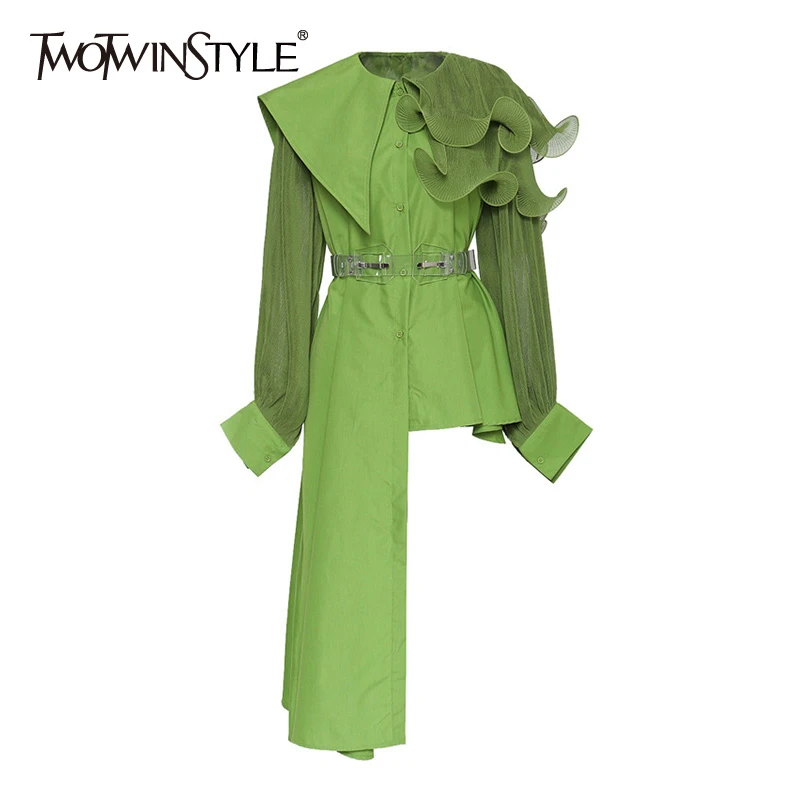 TWOTWINSTYLE Elegant Asymmetrical Women Dress Irreguar Collar Lantern Long Sleeve High Waist With Sashes Ruffles Dresses Female TWOTWINSTYLE Elegant Asymmetrical Women Dress Irreguar Collar Lantern Long Sleeve High Waist With Sashes Ruffles Dresses Female