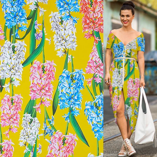 Шелк стрейч атласная шелковая ткань красивый цветочный принт на желтом принте, SSC420