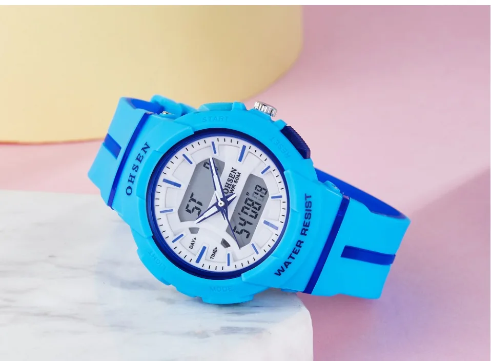 Топ OHSEN цифровые аналоговые водонепроницаемые часы Дети Леди Спорт на открытом воздухе наручные часы для плавания силиконовый ремешок Будильник Секундомер мальчик ученик