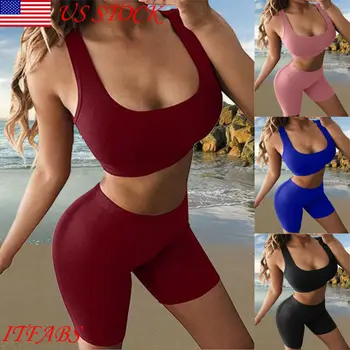 

2pc Women Set Sleeveless short tank top and high waist elastic band elastic shorts Sports clothes set