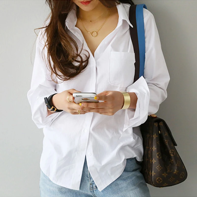 2020 Spring One Pocket Women White Shirt Female Blouse Tops Long Sleeve Casual Turn-down Collar OL Style Women Loose Blouses