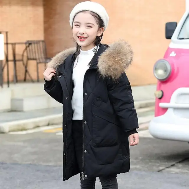 Children's Winter Down Cotton Coat Teenage Girls Solid Parka & Coats Kids Thicken Warm Long Jackets Toddler Hooded Outerwear8 12 Black