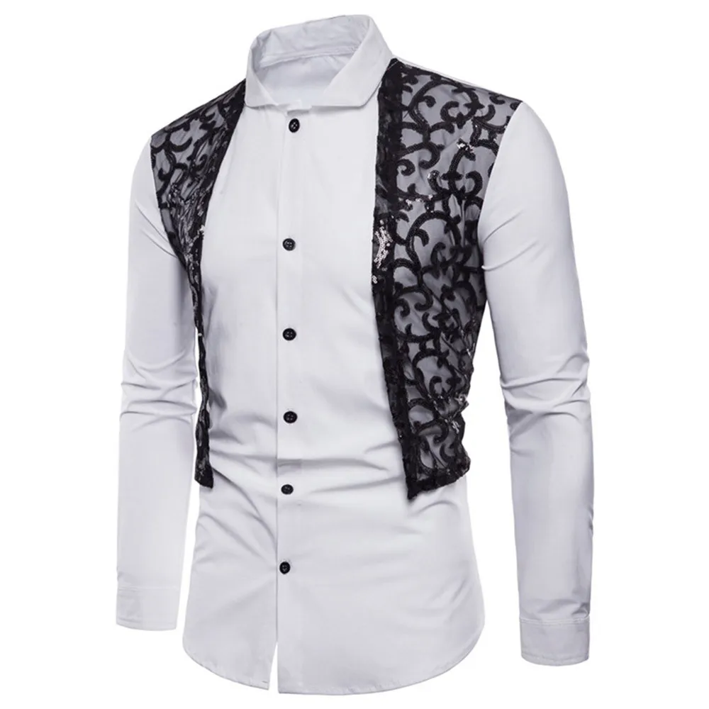 Men shirt long sleeve Lace stitching party mens shirts casual slim fit d91030