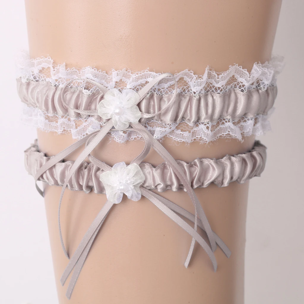 2Pcs Rustic Bridal Wedding Garter Floral Stretch Bridal Lace Satin Bowknot Thigh Ring Soft Socks Hen Party Lace Pearls Garter