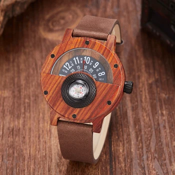 

Fashion Wood Watch Unique Turntable Dial Male Military Men Watches Compass Quartz Watch With Leather Band Relogio De Madeira