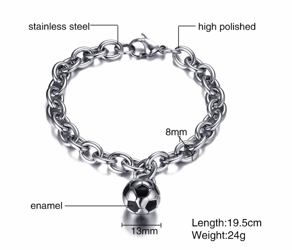 Fashion Mens Chain Bracelet with Soccer Ball Charm Stainless Steel Football Sports Jewelry Lobster Claw 13
