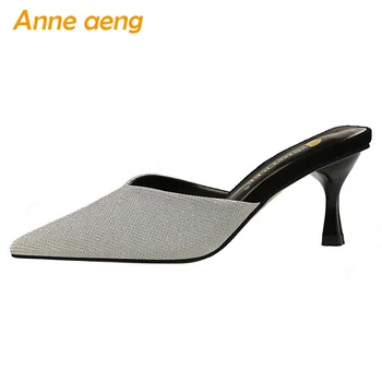 

2020 New Summer Outside Women Slippers High Thin Heel Pointed Toe Solid Bling Sexy Ladies Women Shoes Silver Female Mules Slides