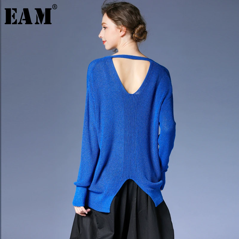 

[EAM] Backless Big Size Knitting Sweater Pullovers Loose Fit V-Neck Long Sleeve Women New Fashion Tide Autumn Winter 2019 1D274