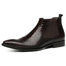 2019 Fashion Design Genuine Leather Men Ankle Boots Snake Pattern Slip-on Dress Shoes Patent Leather Man Basic Boots