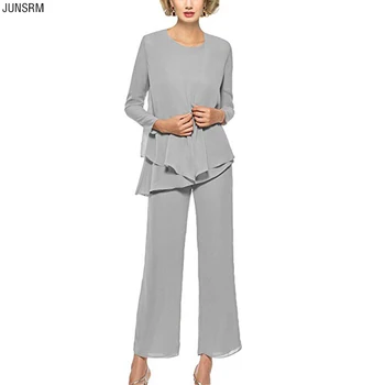 

Mother of The Bride Pant Suits 3 Piece Outfits Formal Womens Evening Long Sleeve Chiffon Dressy Pantsuits For Weddings
